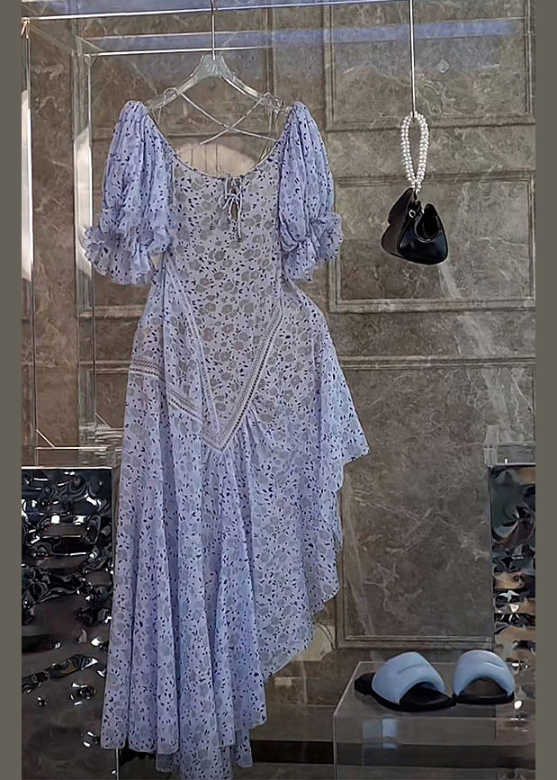 Stylish Purple Asymmetrical Print Hollow Out Chiffon Dress Butterfly Sleeve