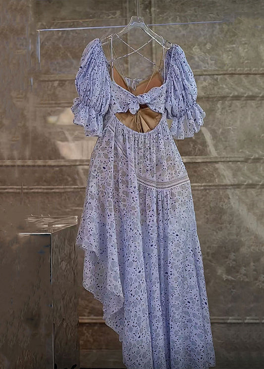 Stylish Purple Asymmetrical Print Hollow Out Chiffon Dress Butterfly Sleeve