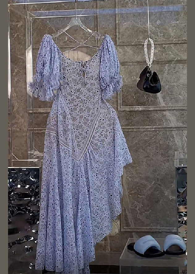 Stylish Purple Asymmetrical Print Hollow Out Chiffon Dress Butterfly Sleeve