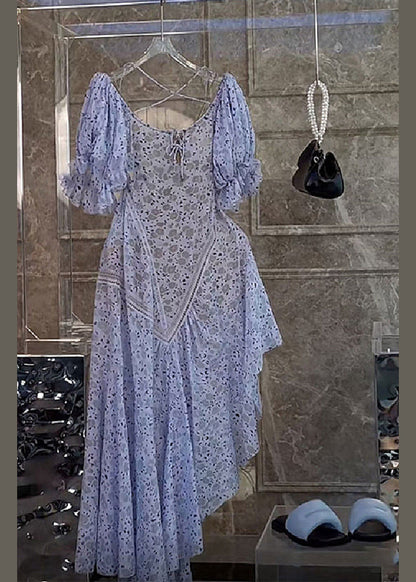 Stylish Purple Asymmetrical Print Hollow Out Chiffon Dress Butterfly Sleeve