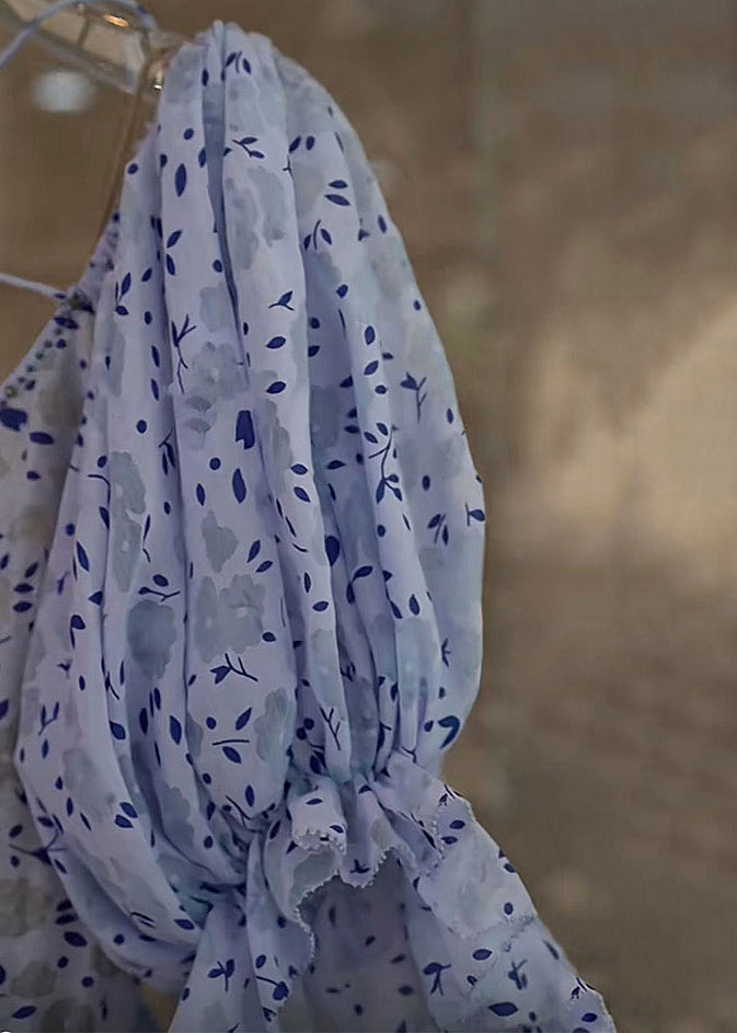 Stylish Purple Asymmetrical Print Hollow Out Chiffon Dress Butterfly Sleeve