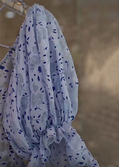 Stylish Purple Asymmetrical Print Hollow Out Chiffon Dress Butterfly Sleeve