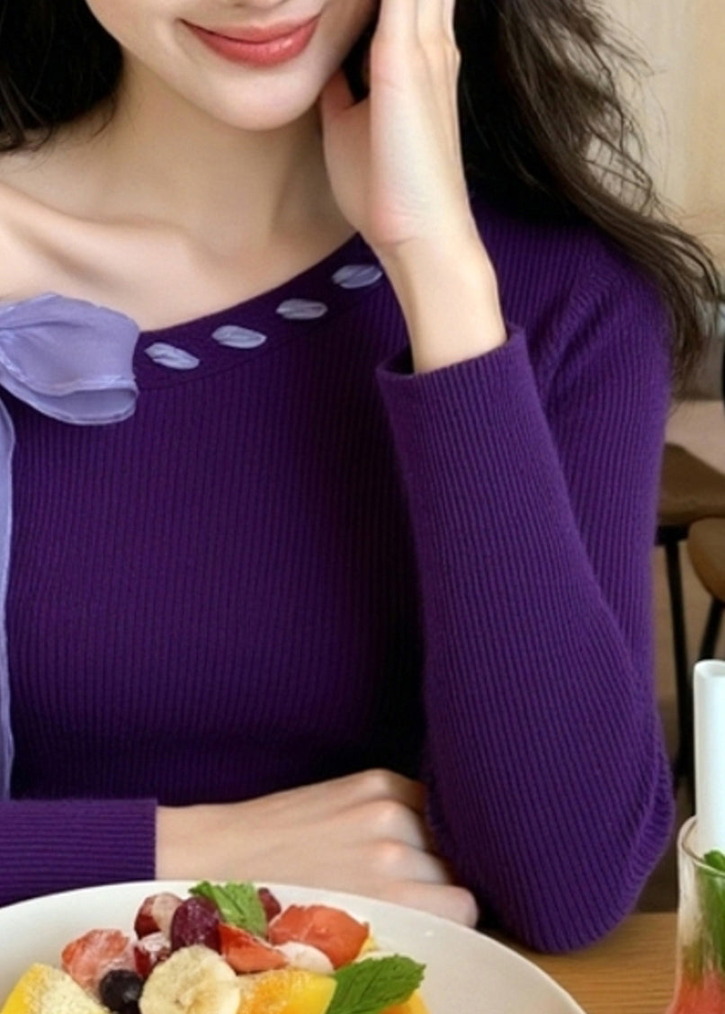 Stylish Purple Bow Solid Knit Sweater Winter