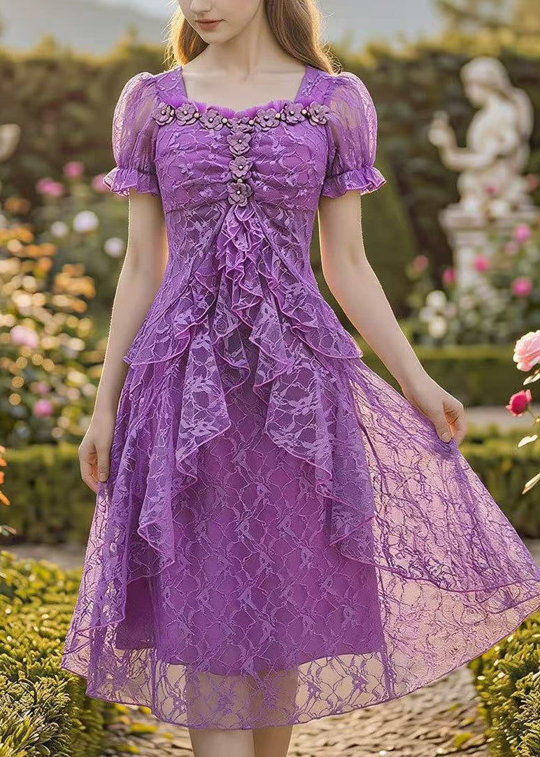 Stylish Purple Embroidered Lace Mid Dress Summer