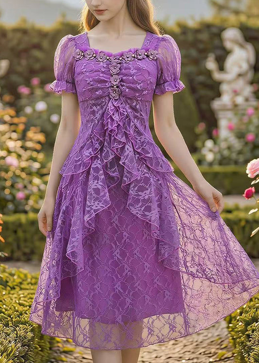 Stylish Purple Embroidered Lace Mid Dress Summer