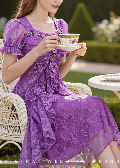Stylish Purple Embroidered Lace Mid Dress Summer