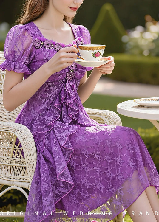Stylish Purple Embroidered Lace Mid Dress Summer