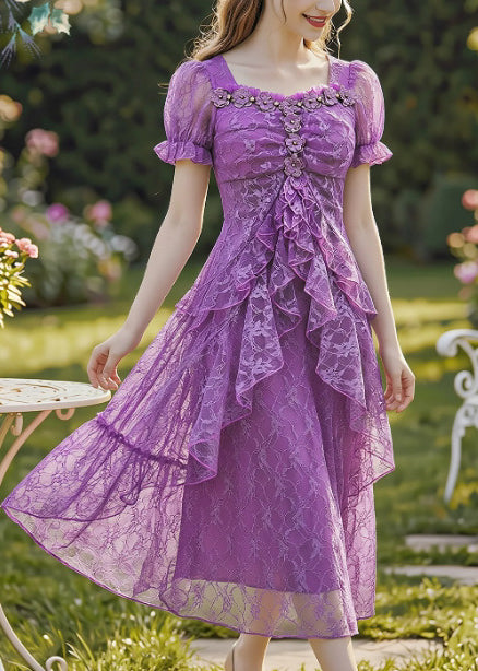 Stylish Purple Embroidered Lace Mid Dress Summer