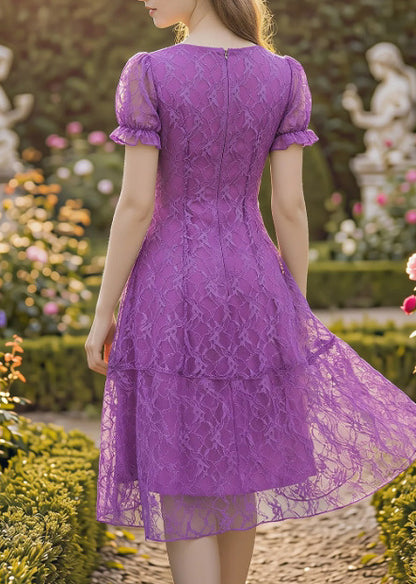 Stylish Purple Embroidered Lace Mid Dress Summer