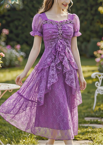 Stylish Purple Embroidered Lace Mid Dress Summer