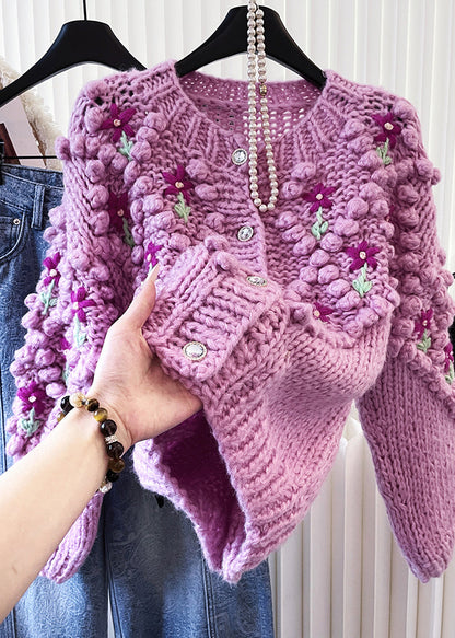 Stylish Purple Embroidered Warm Knit Cardigan Winter
