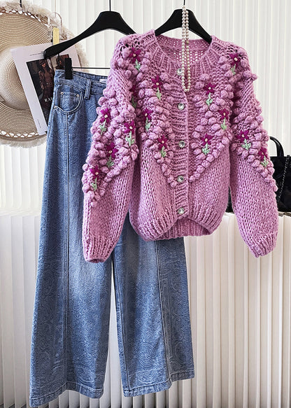Stylish Purple Embroidered Warm Knit Cardigan Winter
