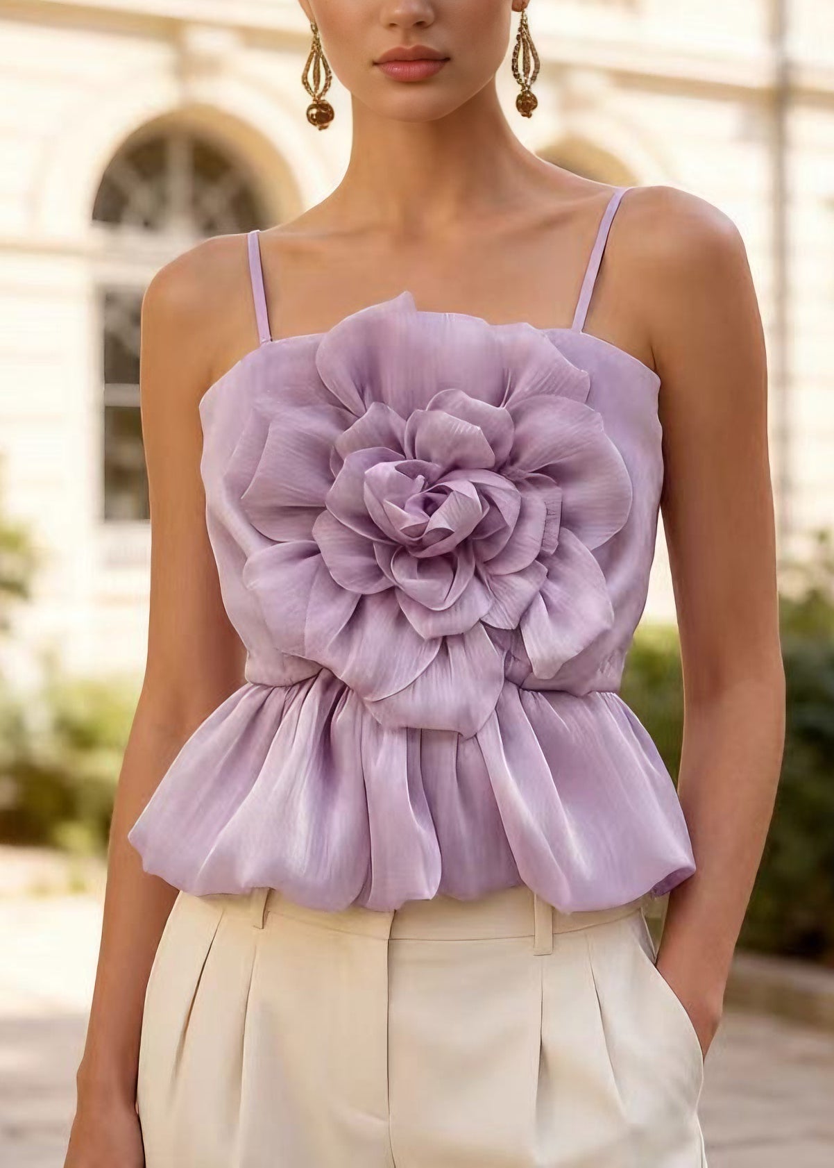 Stylish Purple Floral Tulle Spaghetti Strap Top Summer