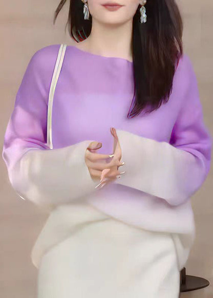 Stylish Purple Gradient O Neck Knit Sweater Fall