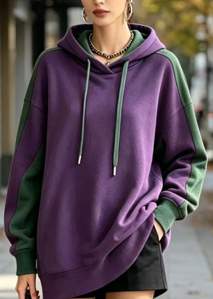 Stylish Purple Green Colorblock Hooded Drawstring Fleece Sweatshirt Winter