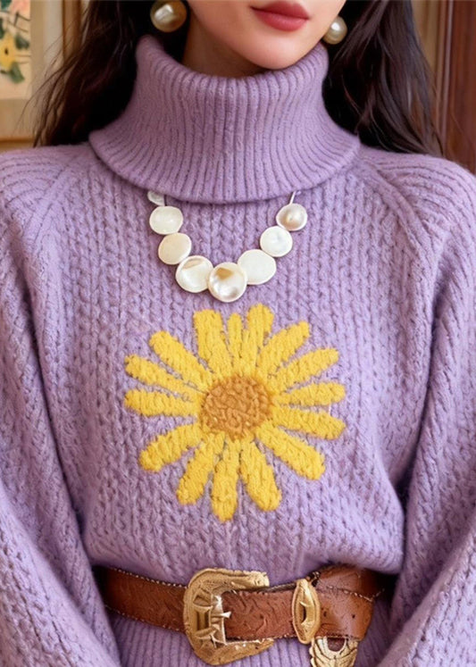 Stylish Purple Hign Neck Jacquard Knit Short Sweater Winter