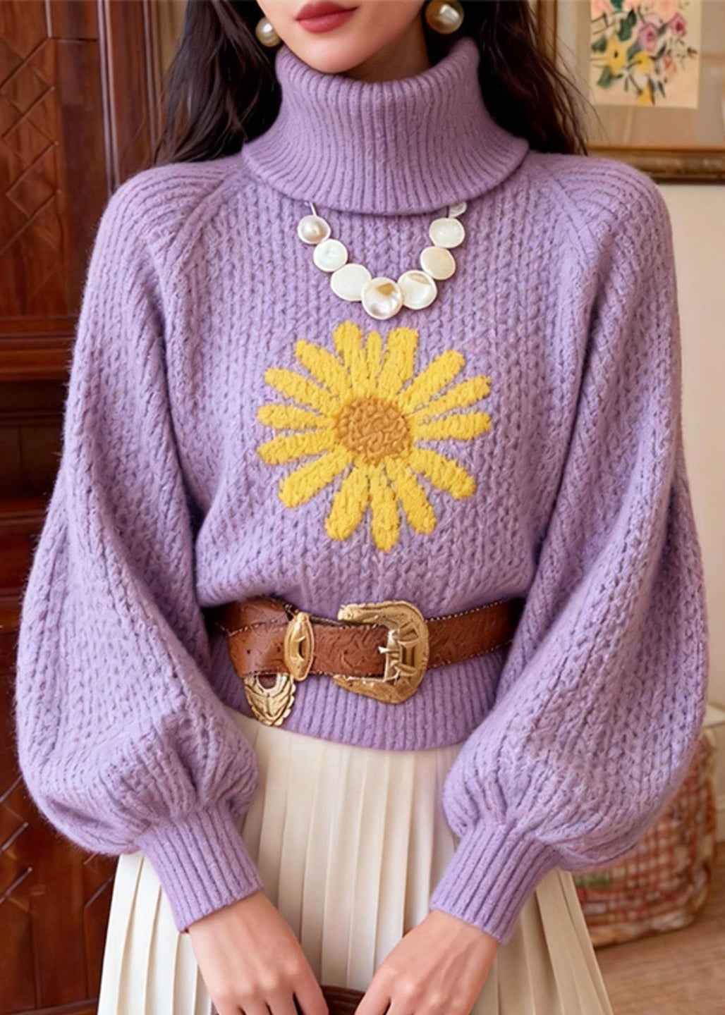 Stylish Purple Hign Neck Jacquard Knit Short Sweater Winter