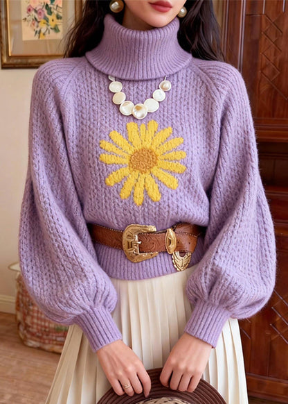 Stylish Purple Hign Neck Jacquard Knit Short Sweater Winter