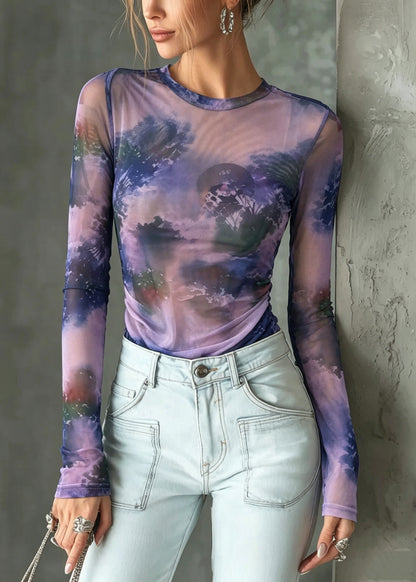 Stylish Purple O Neck Tie Dye Tulle Top Summer