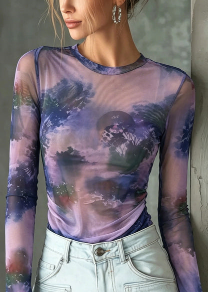 Stylish Purple O Neck Tie Dye Tulle Top Summer