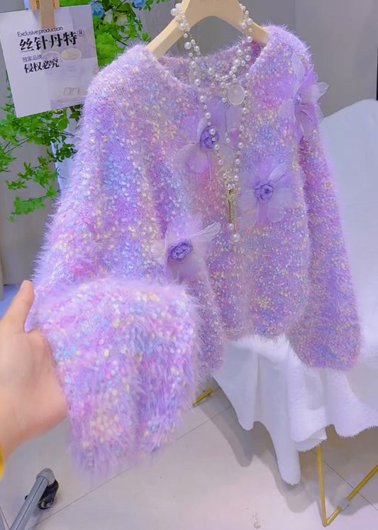 Stylish Purple Oversized Floral Knit Shirts Winter