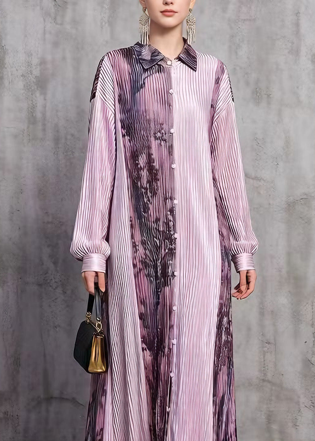 Stylish Purple Peter Pan Collar Print Wrinkled Silk Long Dresses Spring
