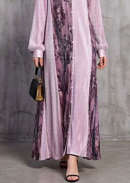 Stylish Purple Peter Pan Collar Print Wrinkled Silk Long Dresses Spring