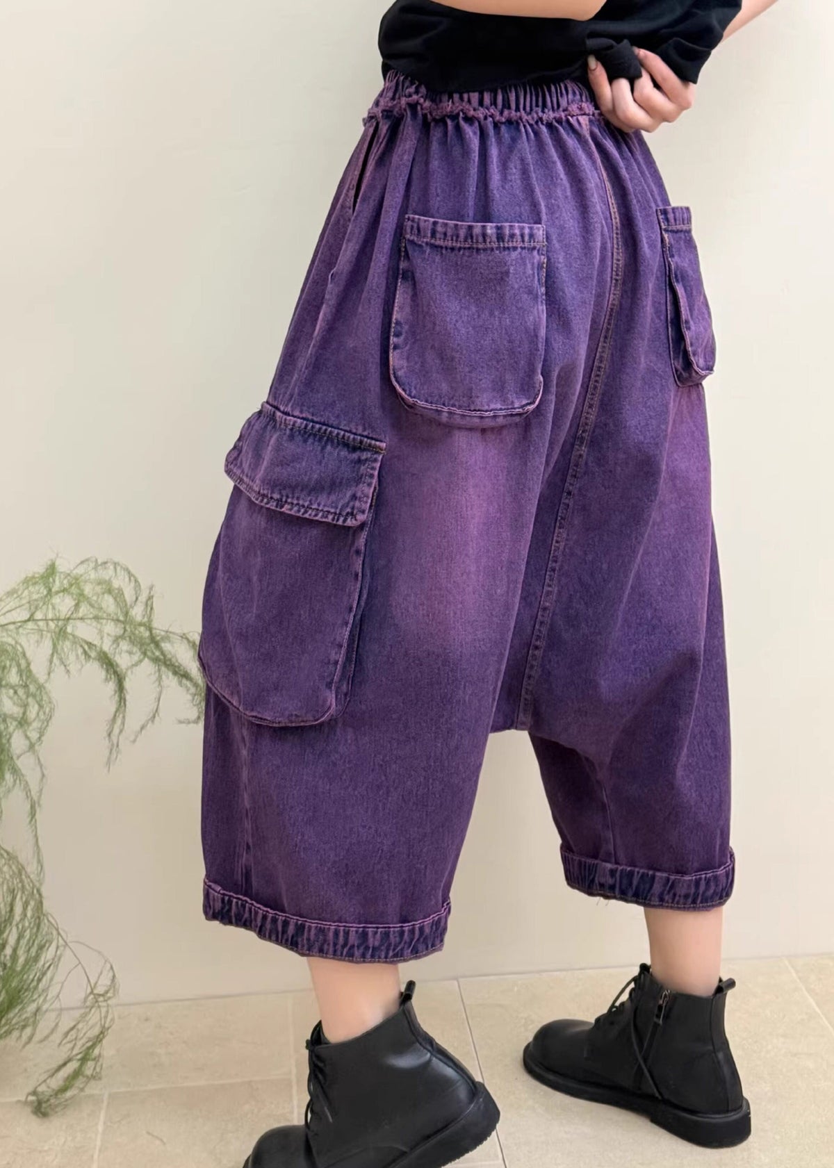 Stylish Purple Pockets Elastic Waist Patchwork Denim Crop Pants Fall