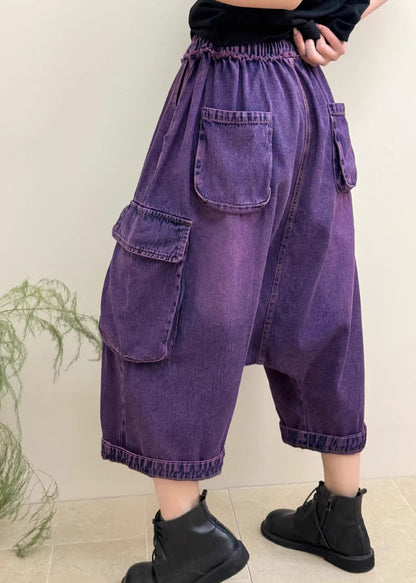 Stylish Purple Pockets Elastic Waist Patchwork Denim Crop Pants Fall