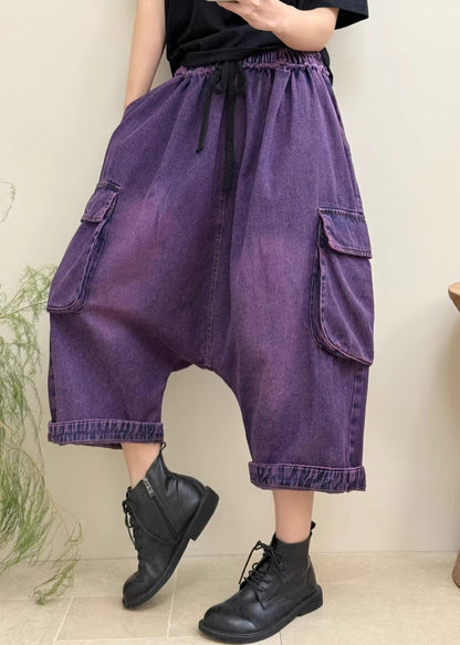 Stylish Purple Pockets Elastic Waist Patchwork Denim Crop Pants Fall
