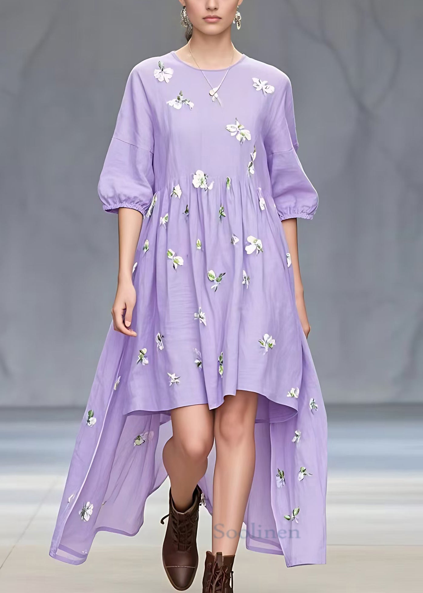 Stylish Purple Print Low High Design Cotton Dresses Half Sleeve