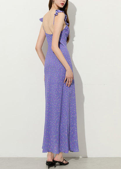 Stylish Purple Ruffled Print Chiffon Party Dress Summer