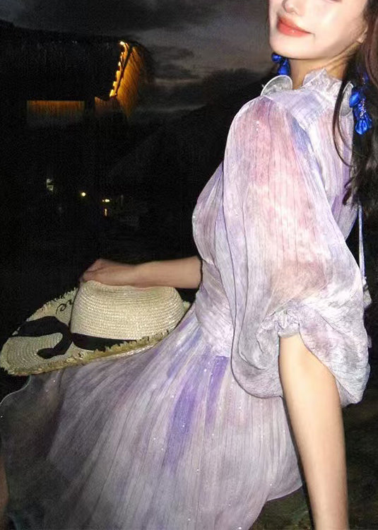 Stylish Purple Ruffled Tie Dye Silk Mid Dress Half Sleeve