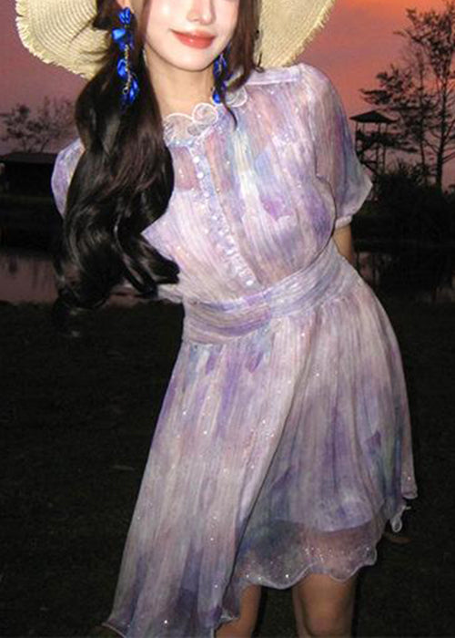 Stylish Purple Ruffled Tie Dye Silk Mid Dress Half Sleeve