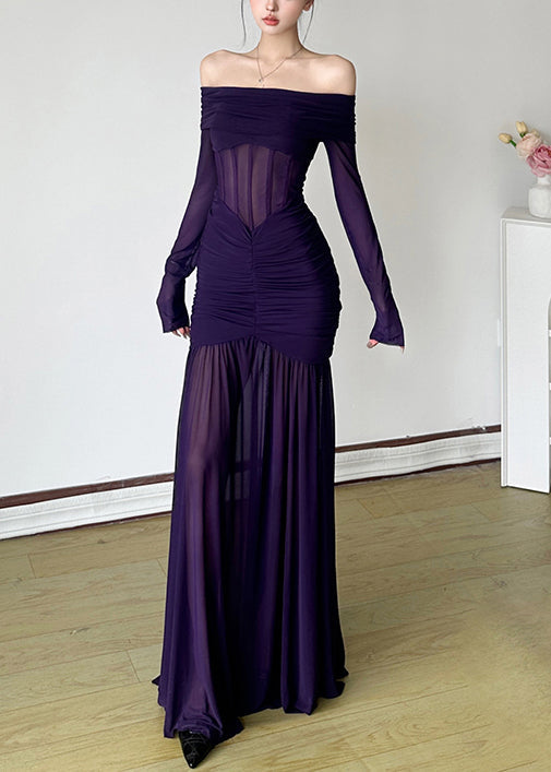 Stylish Purple Slash Neck Wrinkled Tulle Maxi Dresses Spring
