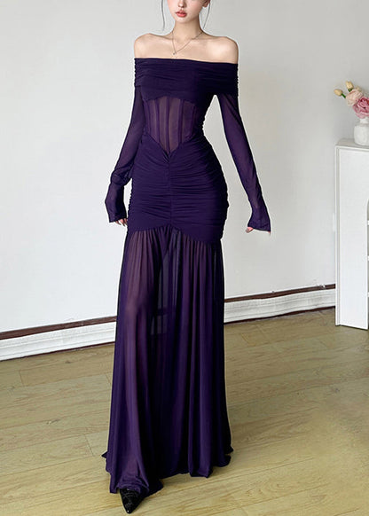 Stylish Purple Slash Neck Wrinkled Tulle Maxi Dresses Spring
