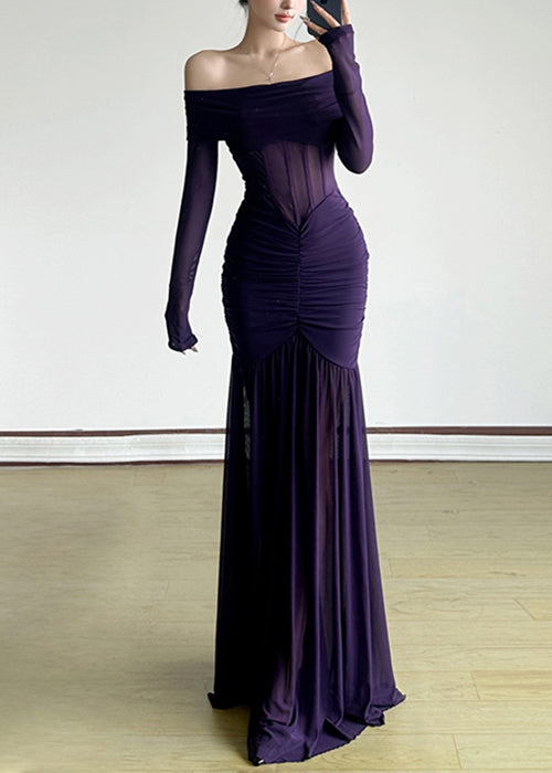 Stylish Purple Slash Neck Wrinkled Tulle Maxi Dresses Spring