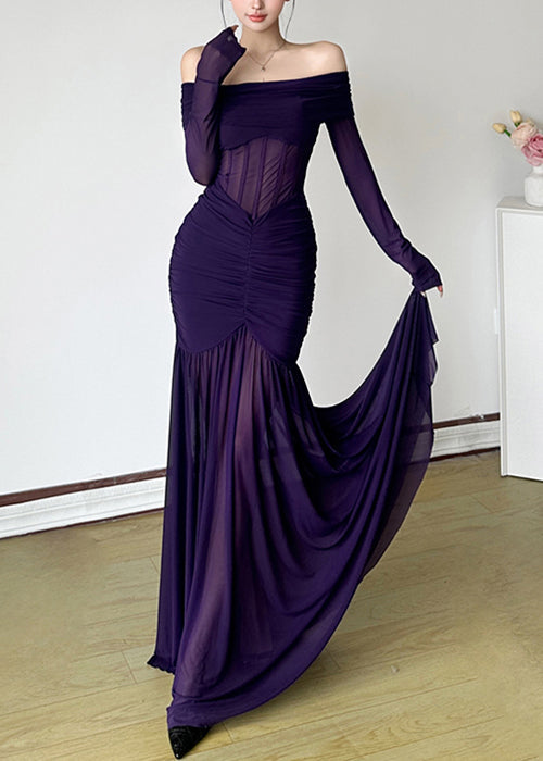 Stylish Purple Slash Neck Wrinkled Tulle Maxi Dresses Spring