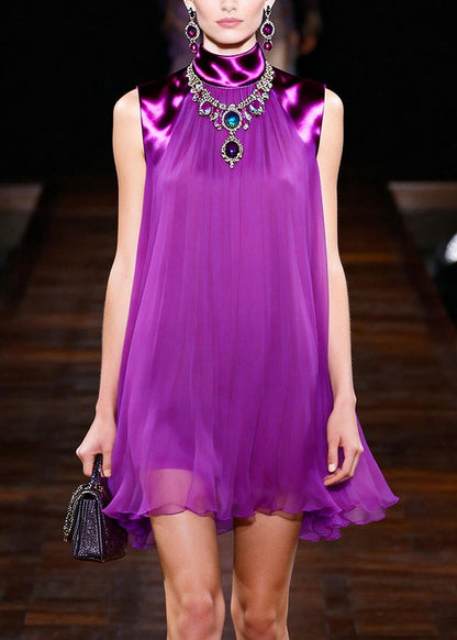 Stylish Purple Stand Collar Patchwork Chiffon Shift Dress Sleeveless