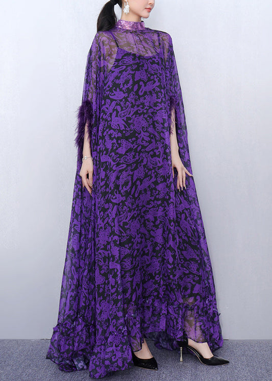 Stylish Purple Turtleneck Print Tulle Patchwork Party Maxi Dress Half Sleeve