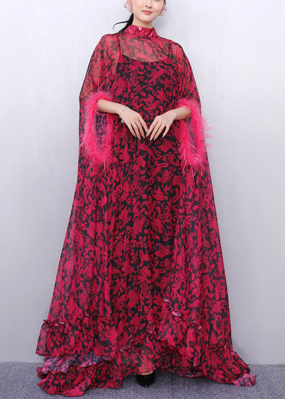 Stylish Purple Turtleneck Print Tulle Patchwork Party Maxi Dress Half Sleeve