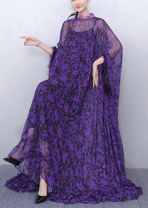 Stylish Purple Turtleneck Print Tulle Patchwork Party Maxi Dress Half Sleeve
