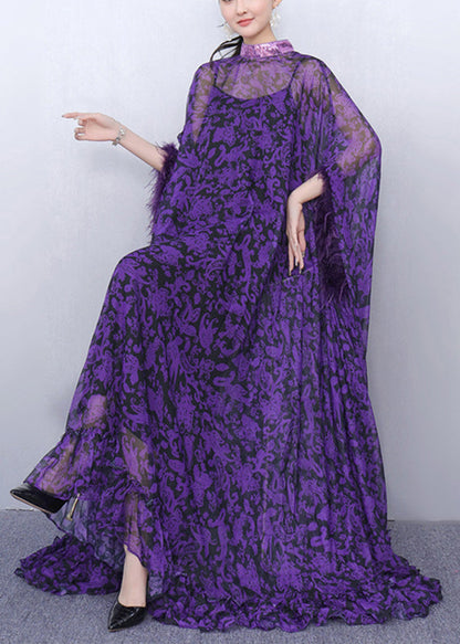 Stylish Purple Turtleneck Print Tulle Patchwork Party Maxi Dress Half Sleeve