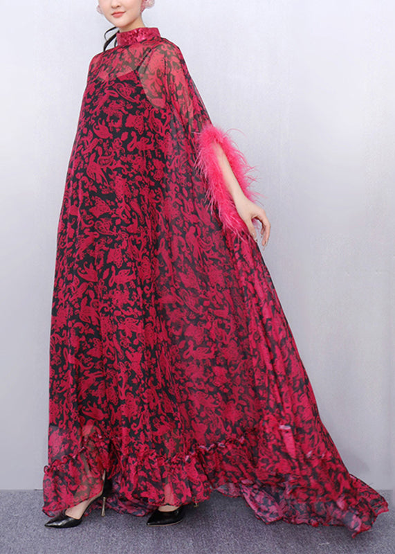 Stylish Purple Turtleneck Print Tulle Patchwork Party Maxi Dress Half Sleeve