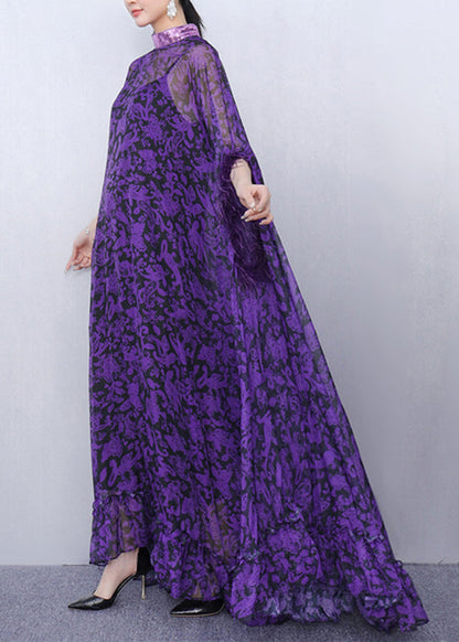 Stylish Purple Turtleneck Print Tulle Patchwork Party Maxi Dress Half Sleeve