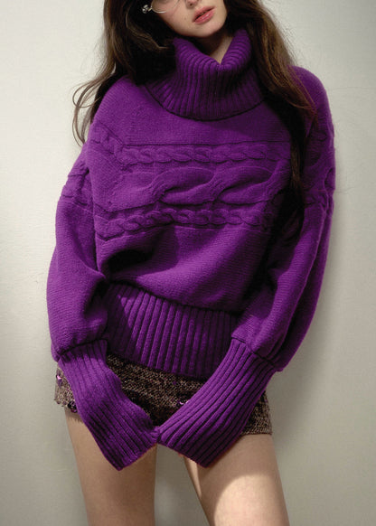 Stylish Purple Turtleneck Thick Cotton Knit Sweater Spring