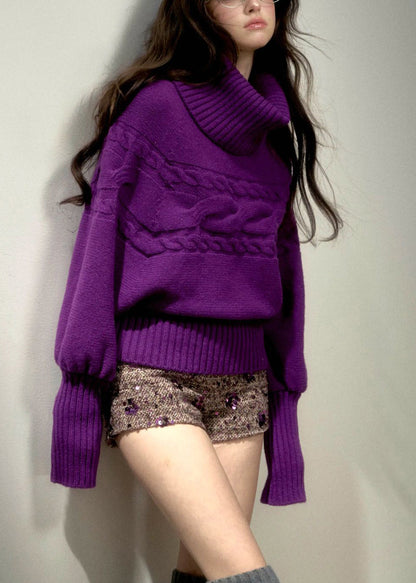Stylish Purple Turtleneck Thick Cotton Knit Sweater Spring