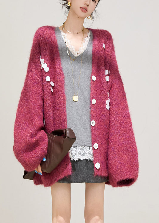 Stylish Purple V Neck Cotton Knit Cardigan Lantern Sleeve