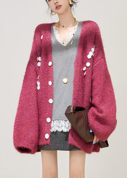 Stylish Purple V Neck Cotton Knit Cardigan Lantern Sleeve