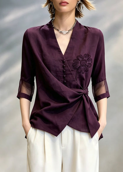 Stylish Purple V Neck Embroidered Floral Shirt Tops Bracelet Sleeve